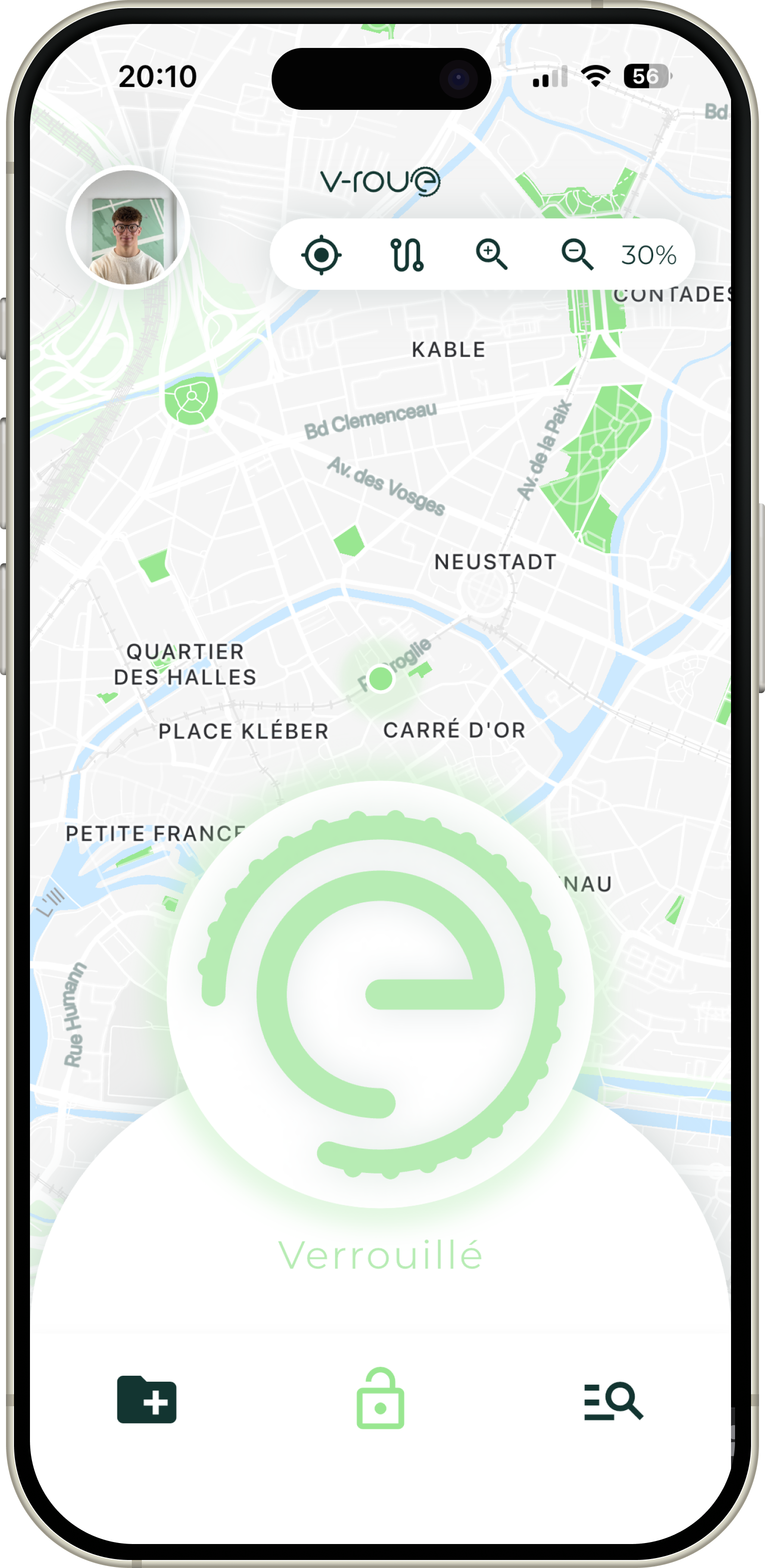 Application V-roue sur smartphone — interface de verrouillage et localisation GPS du vélo